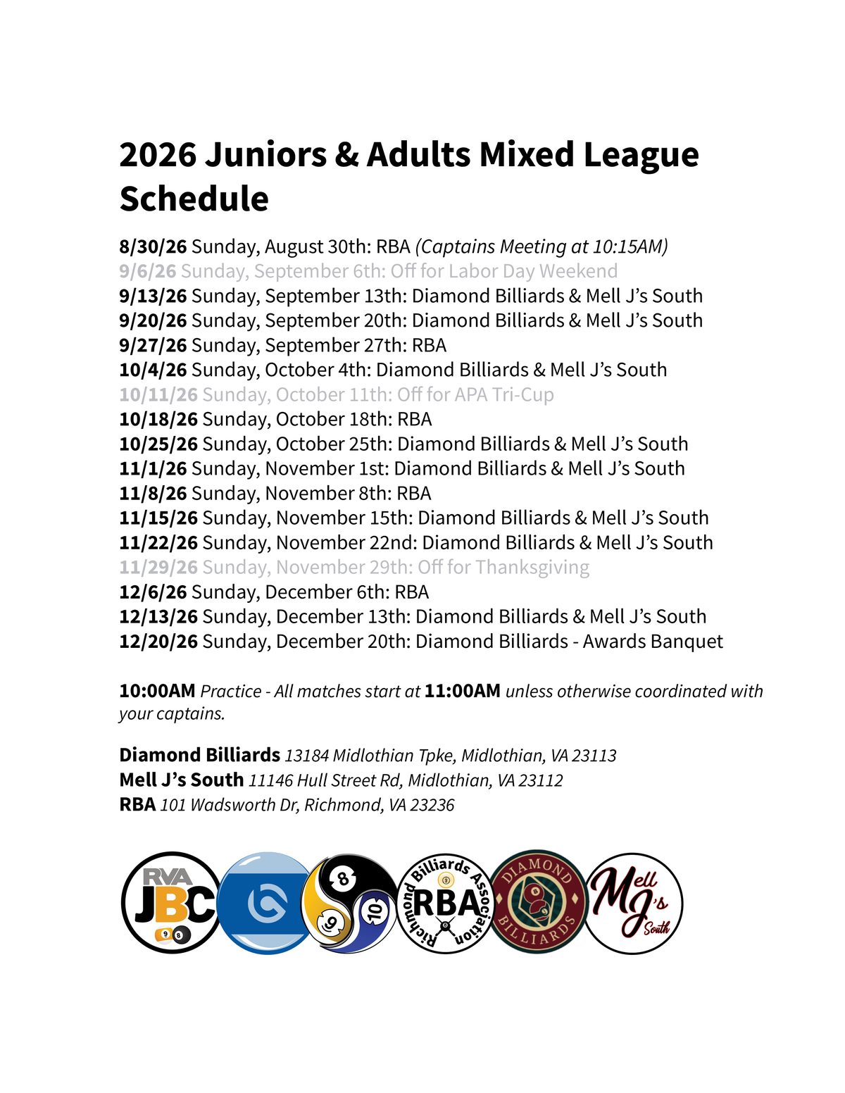 2026 Juniors & Adults Mixed League Schedule — dates and locations